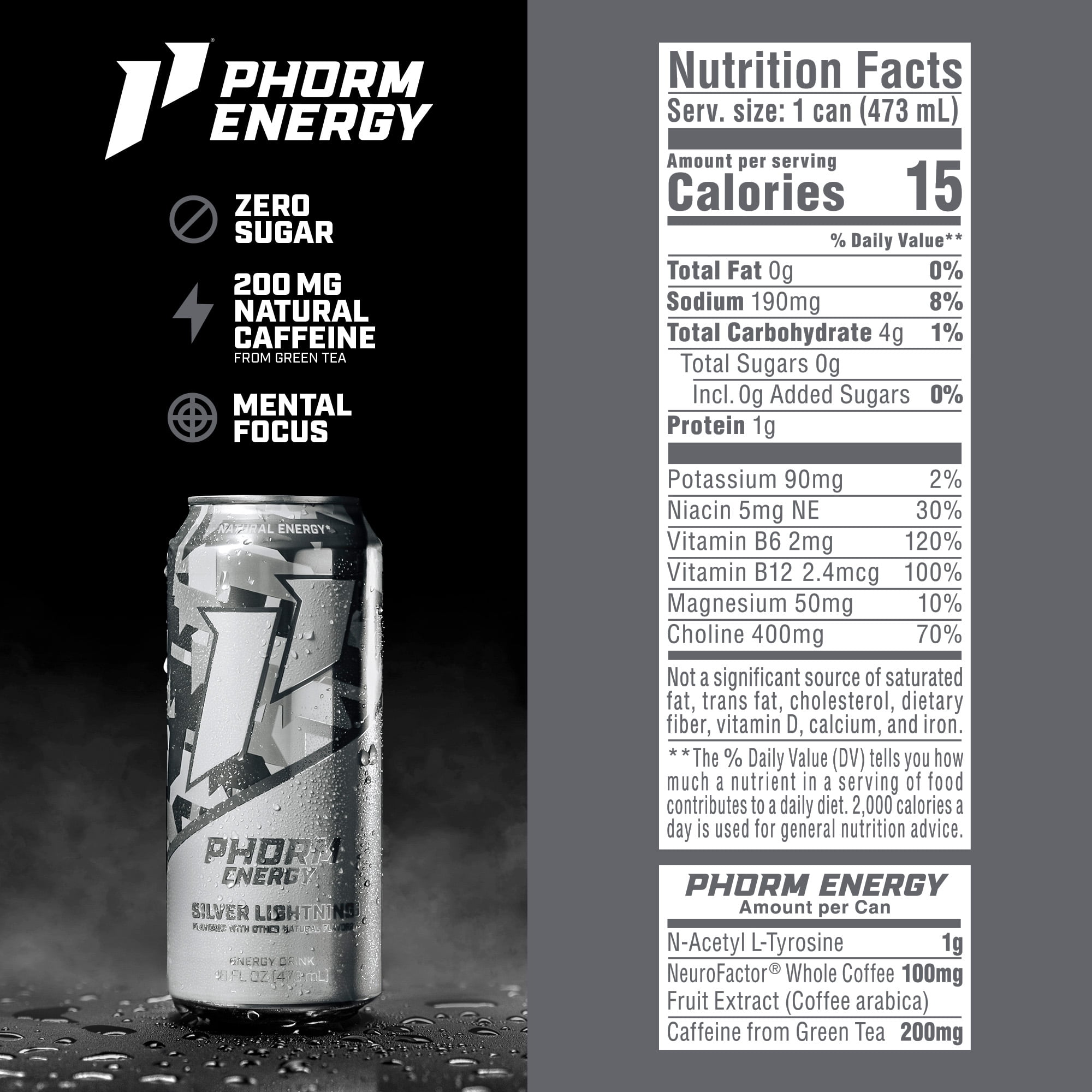 Phorm Sugar Free Energy Drink, Silver Lightning Flavor, 16 fl oz Cans, 12 Pack, 200 MG Natural Caffeine