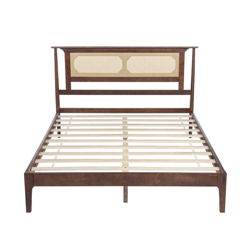 Queen Size Wooden Platform Bed with Rattan Headboard, Low-Profile Bed Frame with 8.6'' Under-Bed Storage