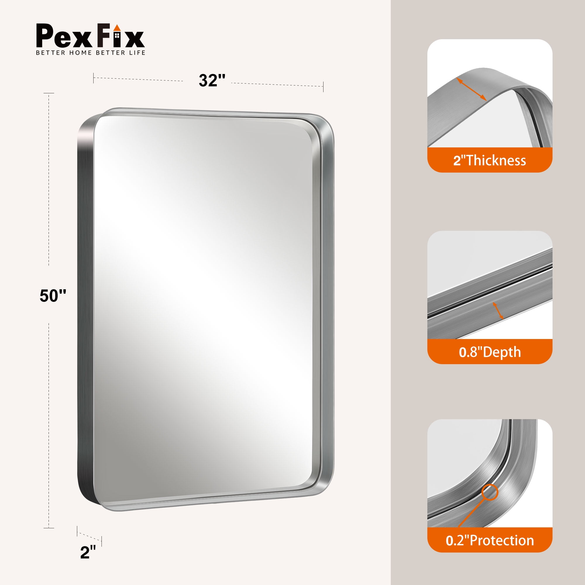 50"x32" Aluminum Alloy Wall Mount Rounded Corner Rectangular Mirror,Silver