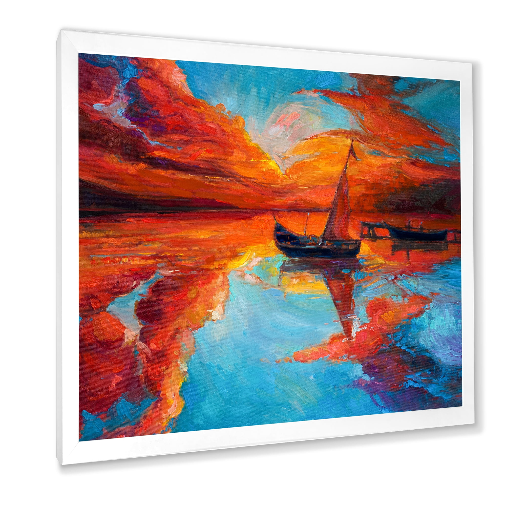 Little Boat During Warm Deep Red Evening Glow 16 in x 16 in Framed Painting Canvas Art Print, by Designart