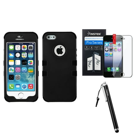 Iphone 5 Bundle Accessories Insten Black/Black TUFF Hybrid Case Hard Rubber+Screen Protector+Pen For iPhone SE 5 5S (3-in-1 Accessory Bundle) ()