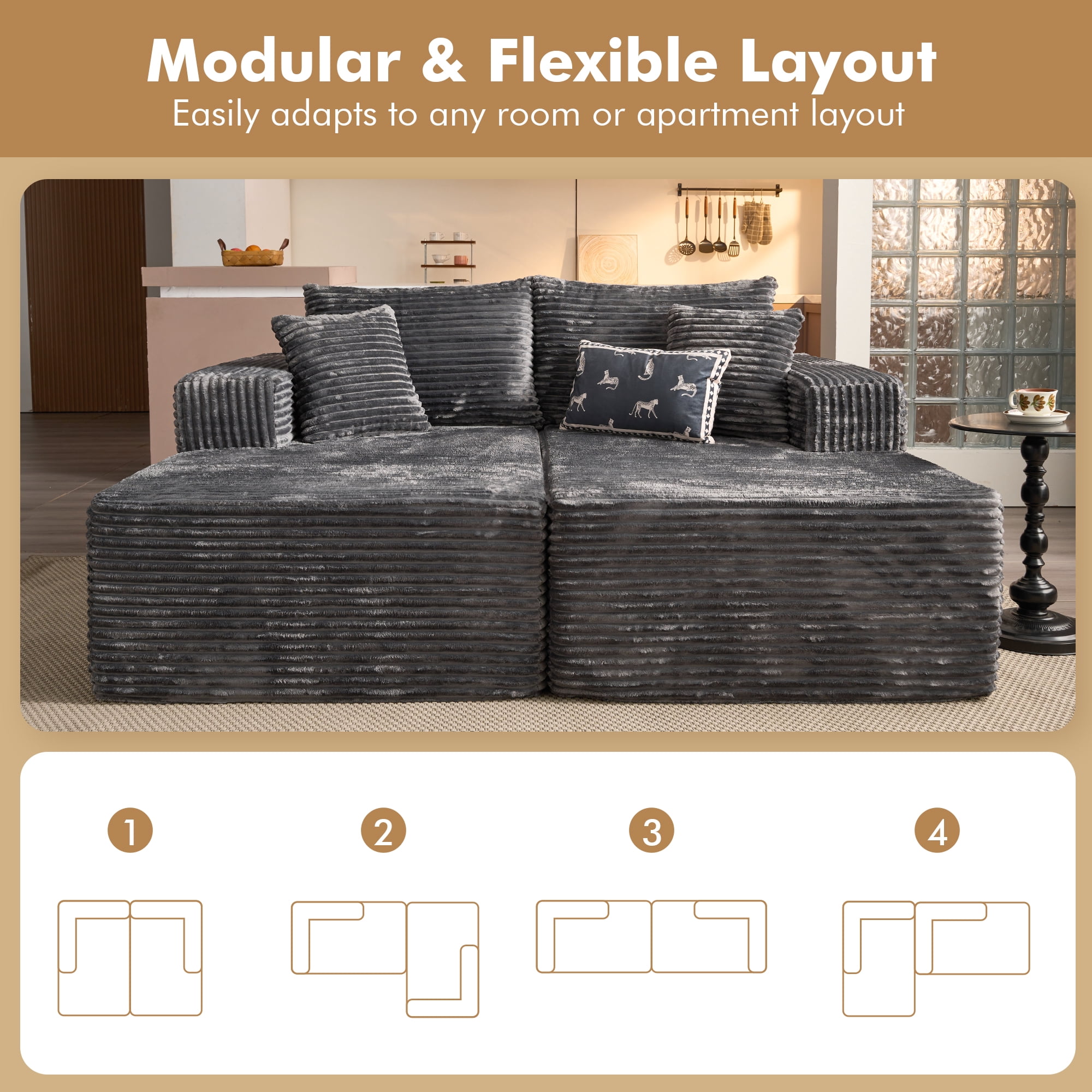 XIZZI Oversized Chaise Lounge Chair Indoor Double, Modular Sectional Sofa with Plush Corduroy, Sleeper Sofa Boneless Couch for Living Room Bedroom, No Assembly Required, Gray