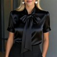 thumbnail image 2 of WHEANG Women's Solid Satin Collared Blouse, Loose Fit Roll Cuff Short Sleeve Casual Dressy Tops, Elegant Work Shirts for Daily Office Summer Wear Comfort Satin Top Outfits Size M Black, 2 of 3