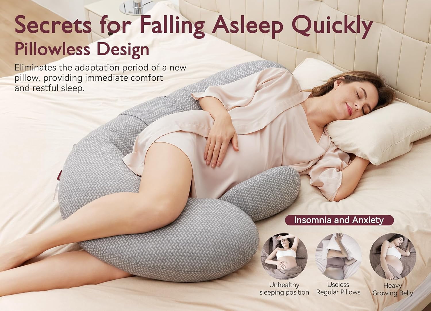 Pregnancy Pillow,Original F Shaped Maternity Pillow for Pregnant Women with Adjustable Wedge Pillow, Full Body Support Pregnancy Pillows for Side Sleeping with Velvet Cover, Light Grey