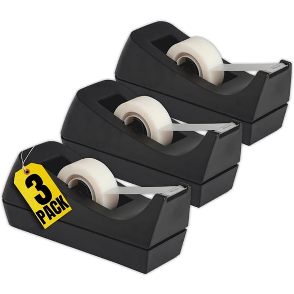 1InTheOffice Tape Dispenser Desk, Weighted Nonskid Base, 1 Inch Core, Black, 3 Pack