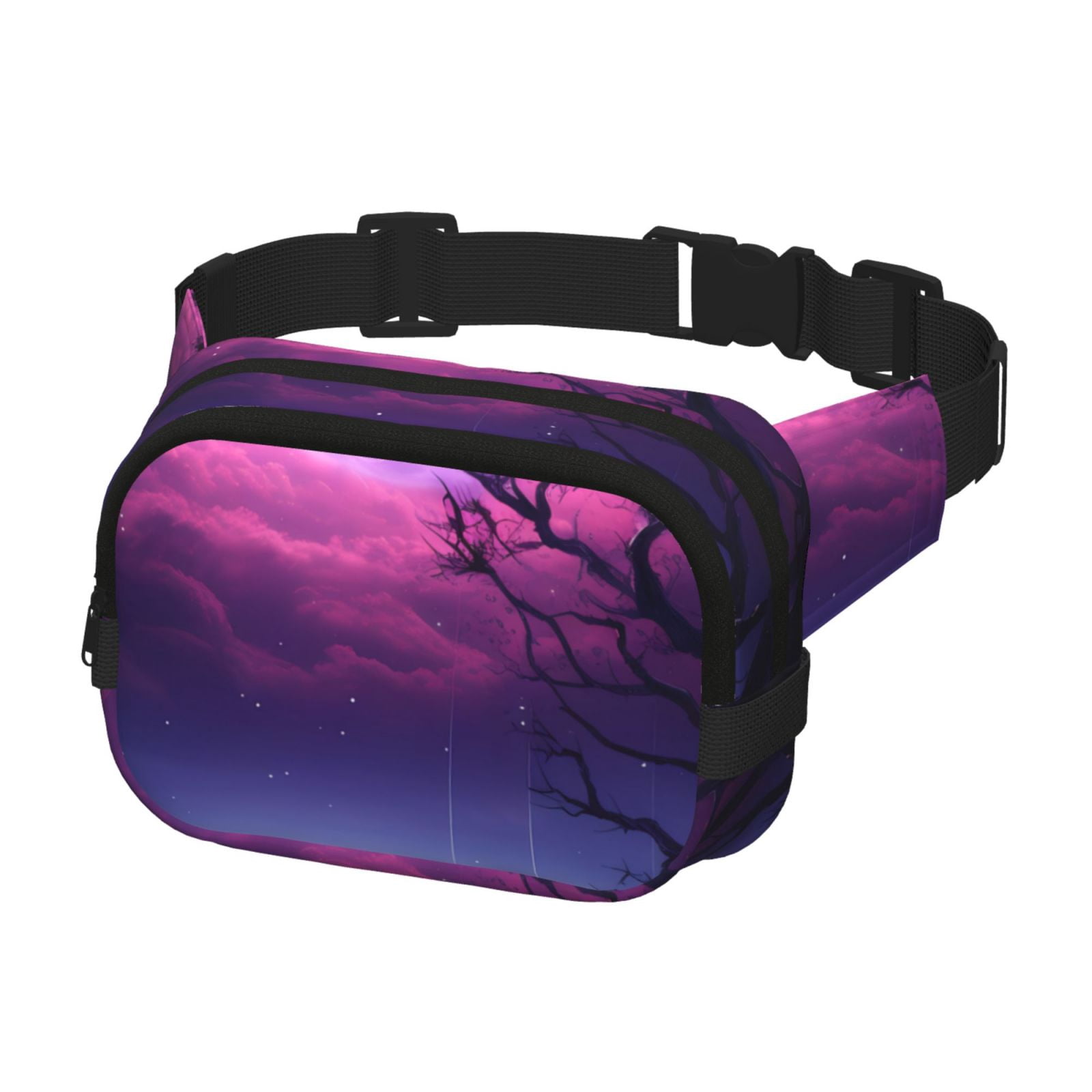 Fuzoiu Purple Moon Tree Night Sky Print Unisex Square Double Layer Waist Bag,Crossbody Fanny Pack Travel Workout Accessory