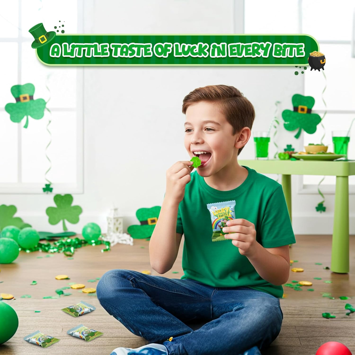 4E's Novelty St. Patrick's Day Lucky Farts Shamrock Gummies - 30 Individually Wrapped Bags (5 Pieces Each) Hilarious Green Gummy Candy