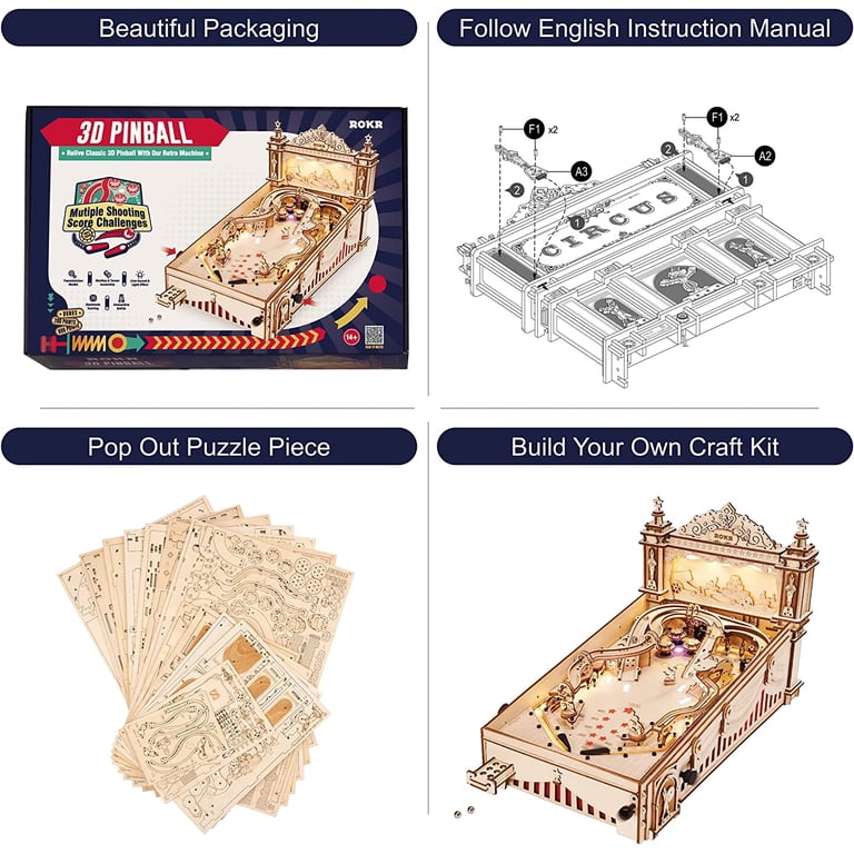 ROKR, 3D Wooden Puzzle Pinball Machine, 482 Pcs, DIY Retro Games