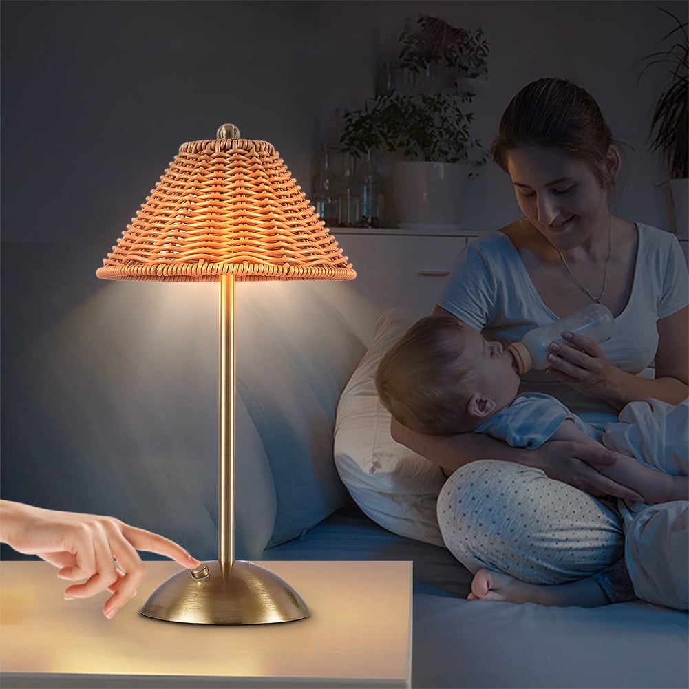 HUISZJ Cordless Table Lamp, Rechargeable Touch Control Rattan Table Lamp, Dimmable Retro Nightstand Lamp for Bedroom Home Decor