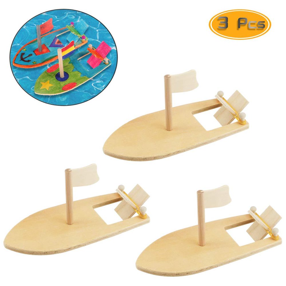 Wpxmer 3 Pack DIY Wood Sailboat Rubber Band Paddle Boat, Can be Painted