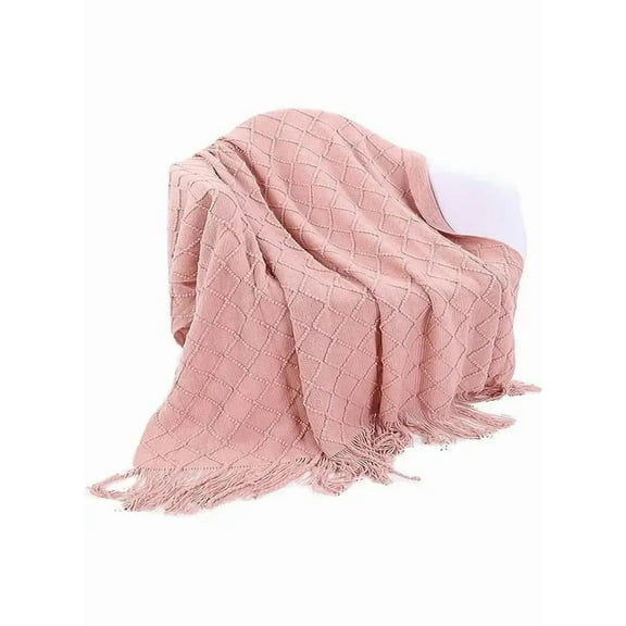 Blush Throw Blanket with Tassels, Pink Knit Blanket for Home Decor, Boho Style Textured Knitted Decorative Blanket for Couch, Sofa &Bed,Tassel Design Soft Blanket Keep Warm Cotton Pink127*152 15CM
