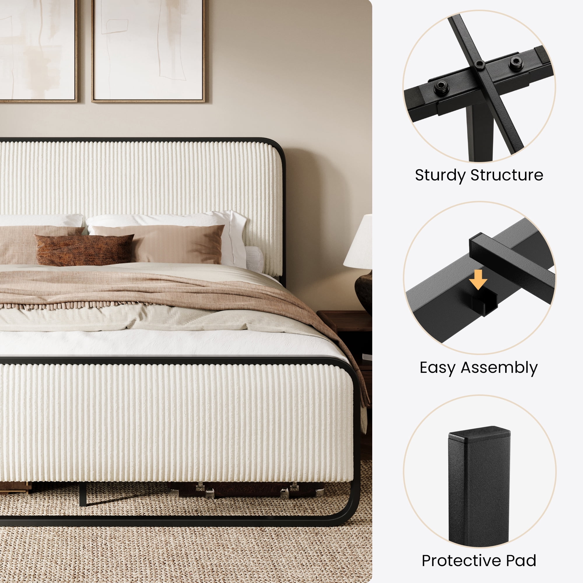 SHA CERLIN Queen Bed Frame, Upholstered Platform Bed with Velvet Curved Headboard and Footboard, No Box Spring Needed, 1000 LBS Capacity, Cream White
