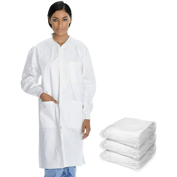 Disposable Lab Coats for Adults, Small. Pack of 30 White Knee Length Lab Coat. SMS 50 GSM Disposable Coats Medical. PPE Coat with Knit Collar & Cuffs, Plastic Snaps, 3 Pockets