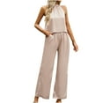 thumbnail image 2 of Women's 2 Piece Outfits Clearance Women's Fashion Casual Spring And Summer Solid Color Round Neck Sleeveless Blouse Tops Wide Leg Pants, 2 of 5