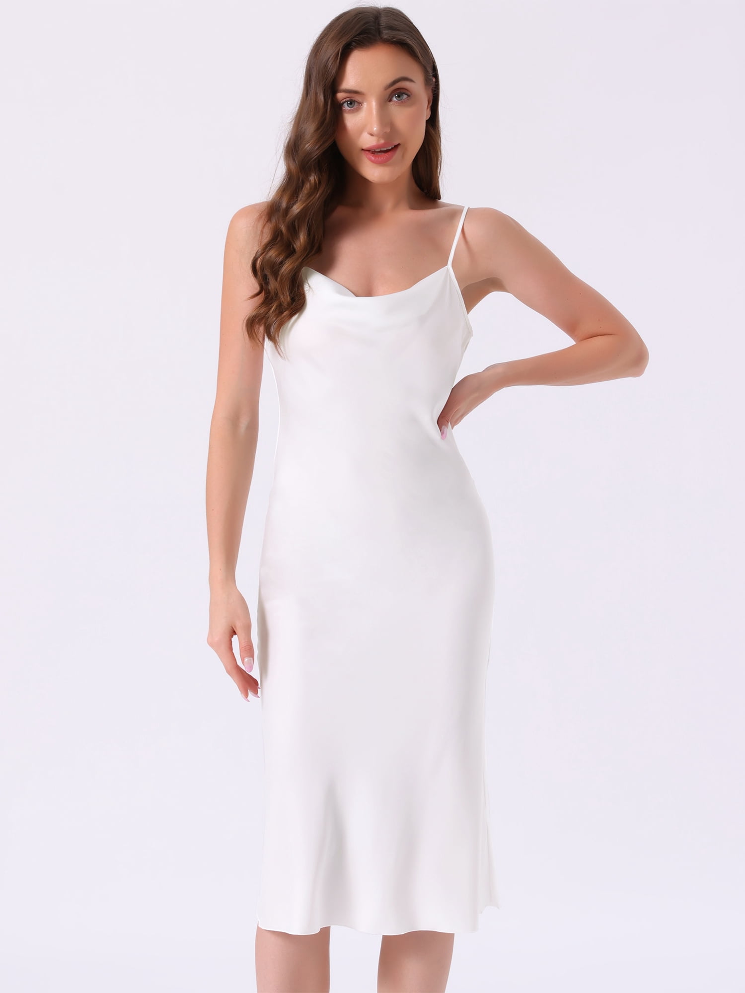 DARING DIVA Women's Satin Silky Hem Cowl Neck Sleeveless Midi Nightgown XS White
