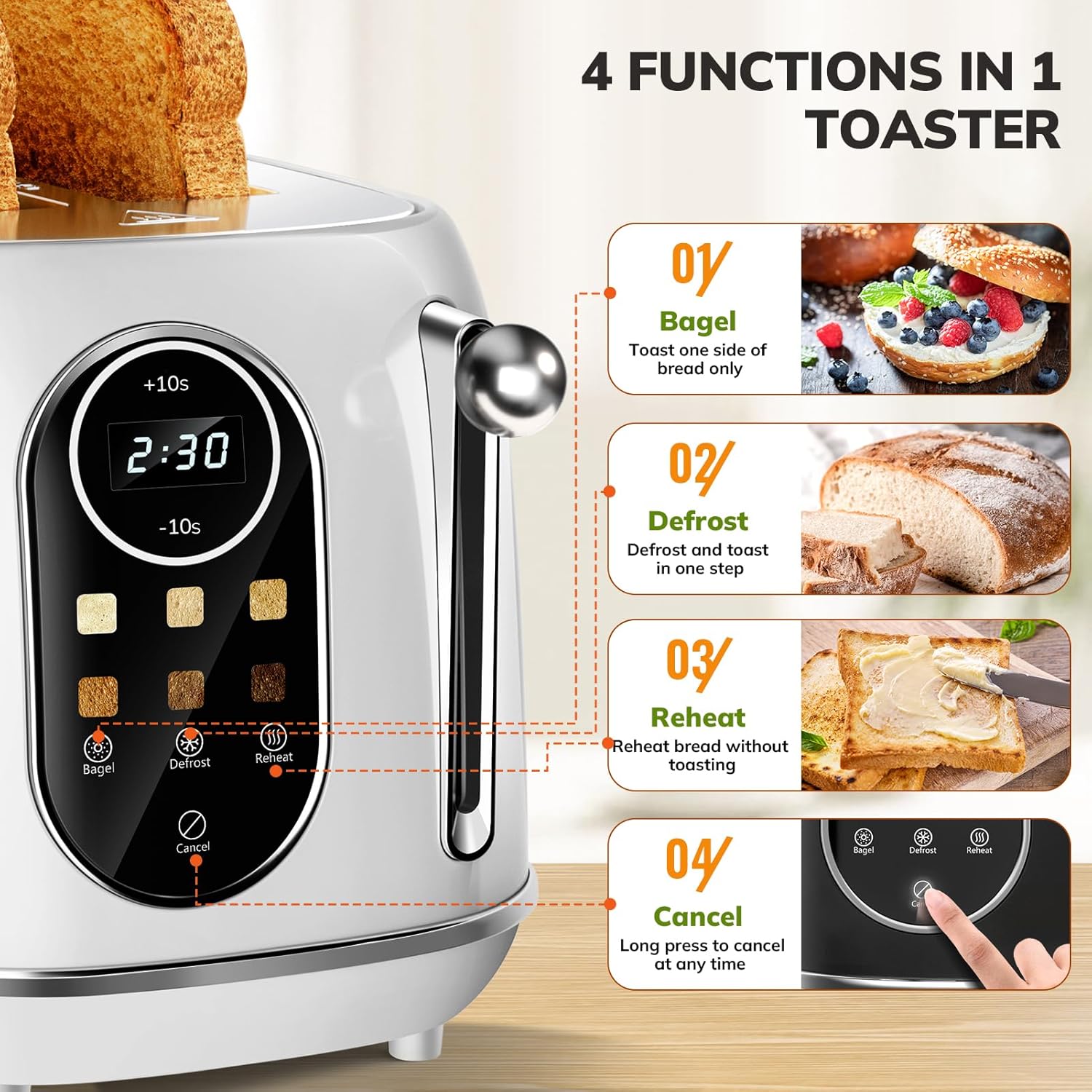 Smart Touch Screen Toaster 2 Slice, Retro Wide Slot Stainless Steel Toaster with 6 Browning Levels, Reheat & Defrost, for Bagel, Toast, Bread, Removable Crumb Tray, Black
