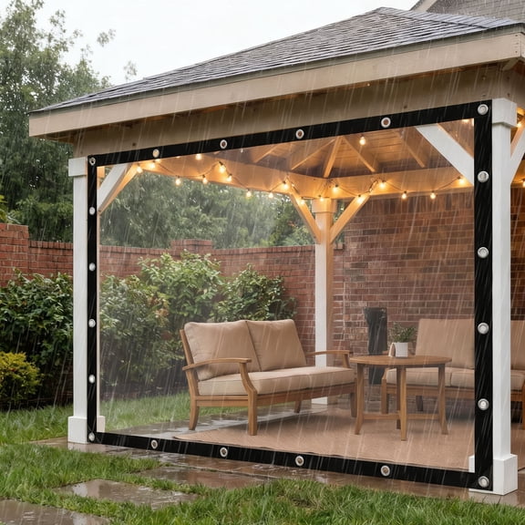 118" × 118" Outdoor Clear Vinyl Curtain, Heavy Duty Waterproof Weatherproof PVC Panel with Grommets, Transparent Tarp Cover for Pergola, Patio, Porch, Gazebo