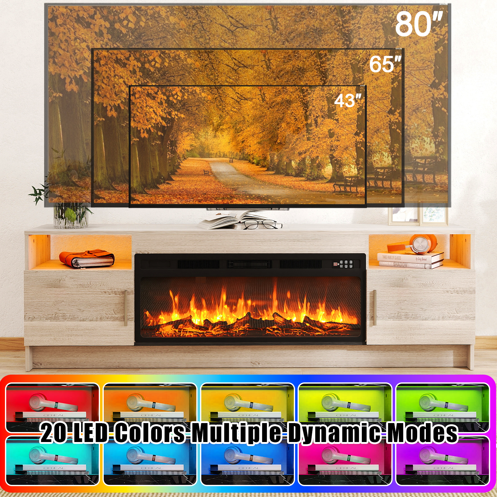 Rocyis 70” TV Stand with 3D Realistic Log Flame Electric Fireplace, Entertainment Center for TVs Up to 80-Inch, Modern TV Console with High Glossy Doors & LED Lights, Gray