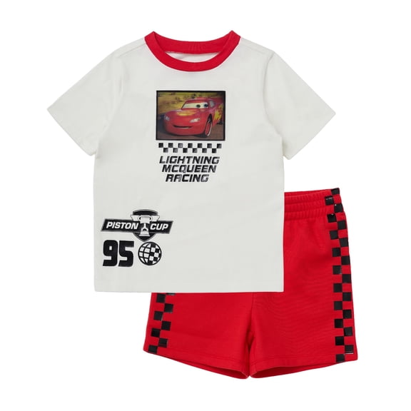 Disney Pixar Cars Lightning McQueen Toddler Outfit for Boys, 2 Piece T-Shirt & Fleece Shorts Set (Red, 6)