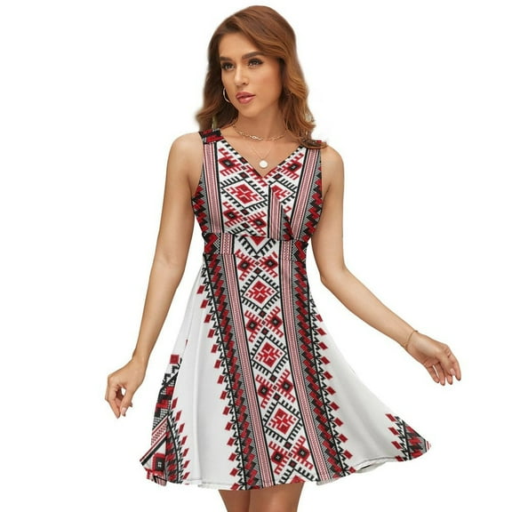 Ukrainian Vyshyvanka Embroidery Women's Tank Dress V Neck Sleeveless Summer Sundress