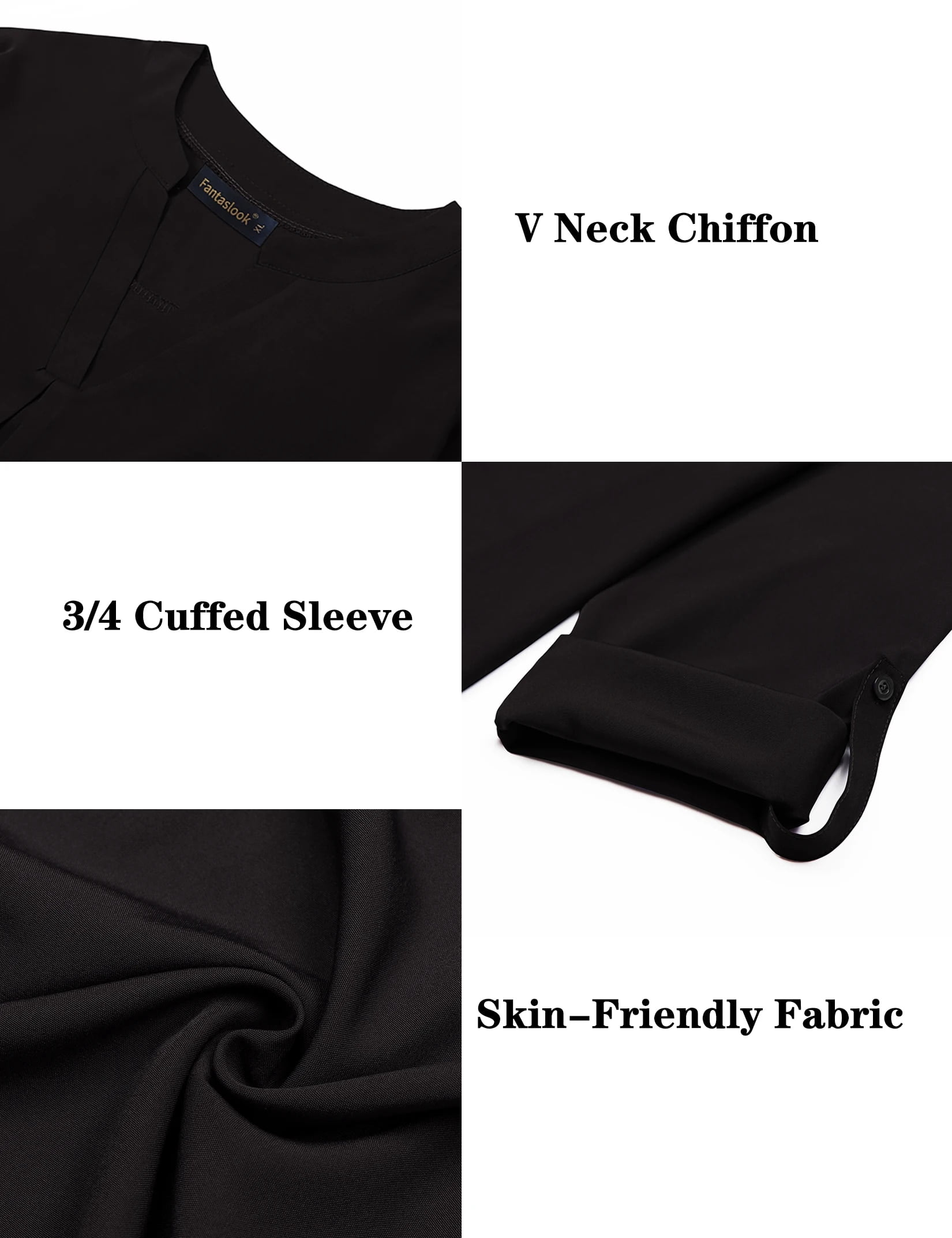 Womens Blouses 3/4 Sleeve V Neck Work Shirts Dressy Tops Chiffon Office Wear