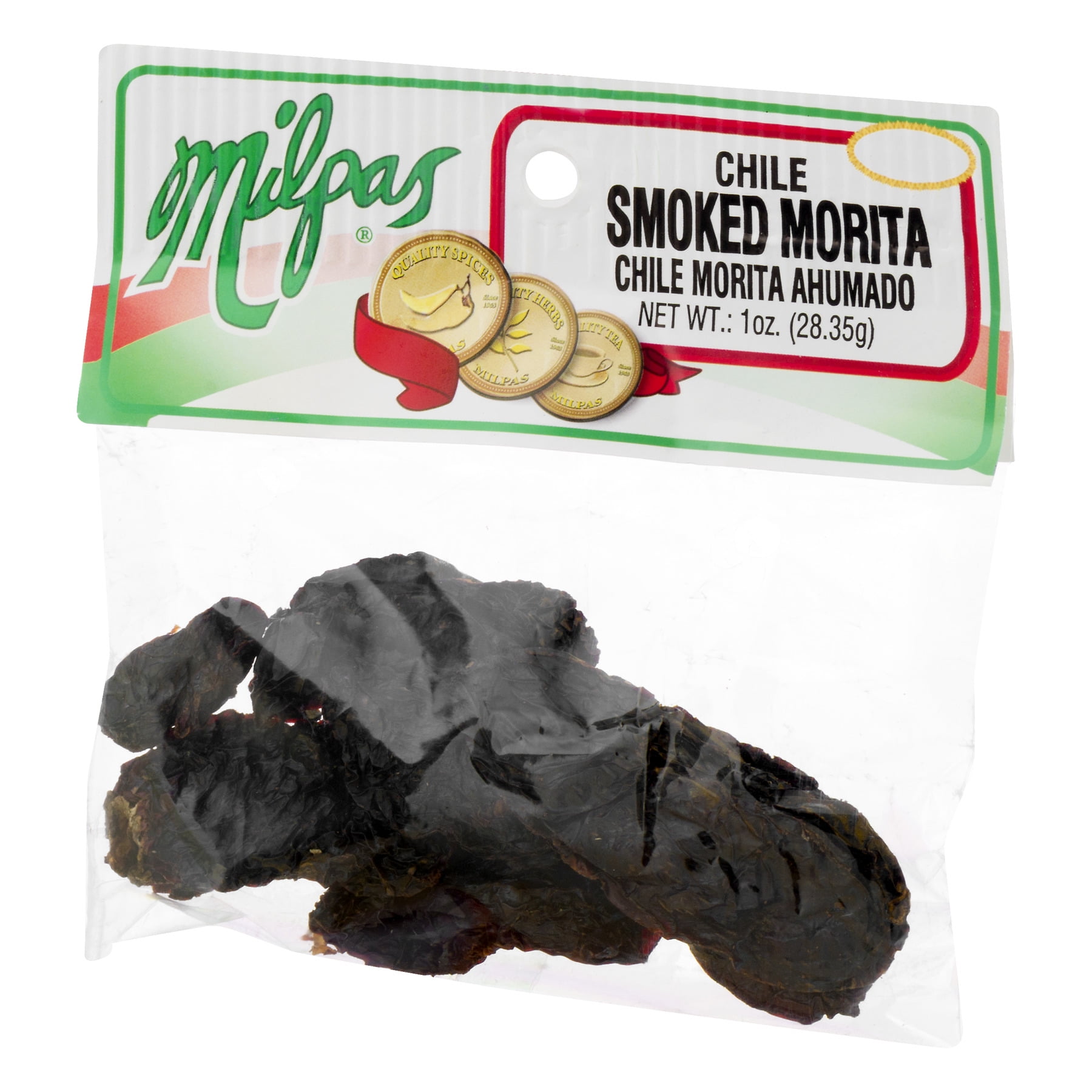 Milpas Smoked Morita Chile Pods packed in a clear cellophane bag, 1.0 oz per bag.