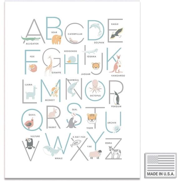 Animal Alphabet Kids Wall Art Poster 11x14" | ABC Chart Nursery Wall Art Decor | Woodland animals Letters Room Prints | Gender Neutral Educational Classroom Poster | 6 Variants (2 sizes, 3 colors)