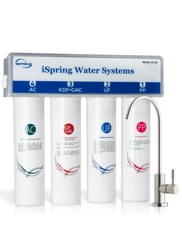 iSpring CU-A4 0.01m Ultra-Filtration Under Sink Water Filter System, Tankless 4-Stage High Capacity, Remove 99.99% Contaminants, Quick Filter Change with Brushed Nickel Faucet, White
