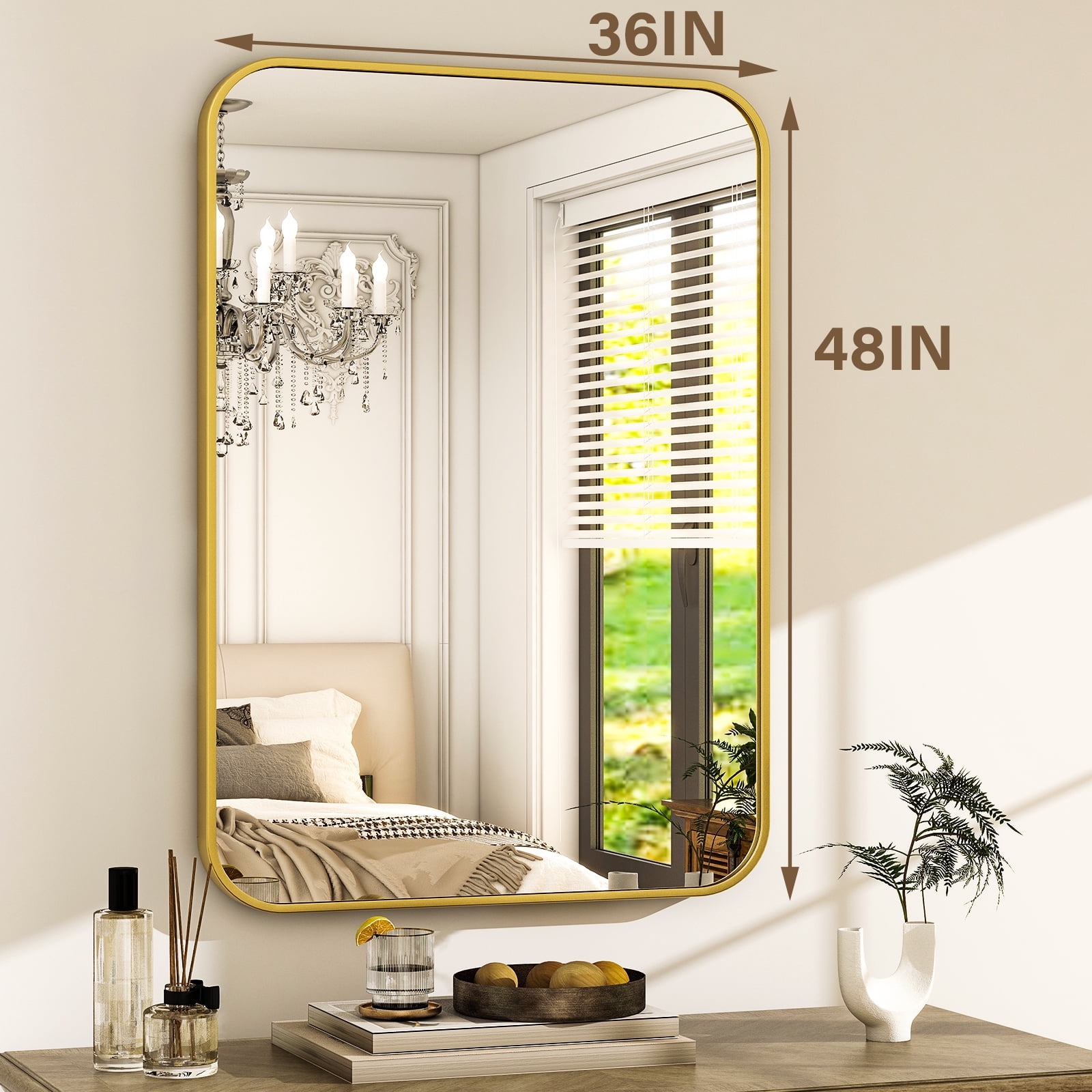 Easy4Home 48"x36" Large Rectangular Bathroom Mirror Hanging Rounded Corners Vanity Mirror Wall Mounted, Gold