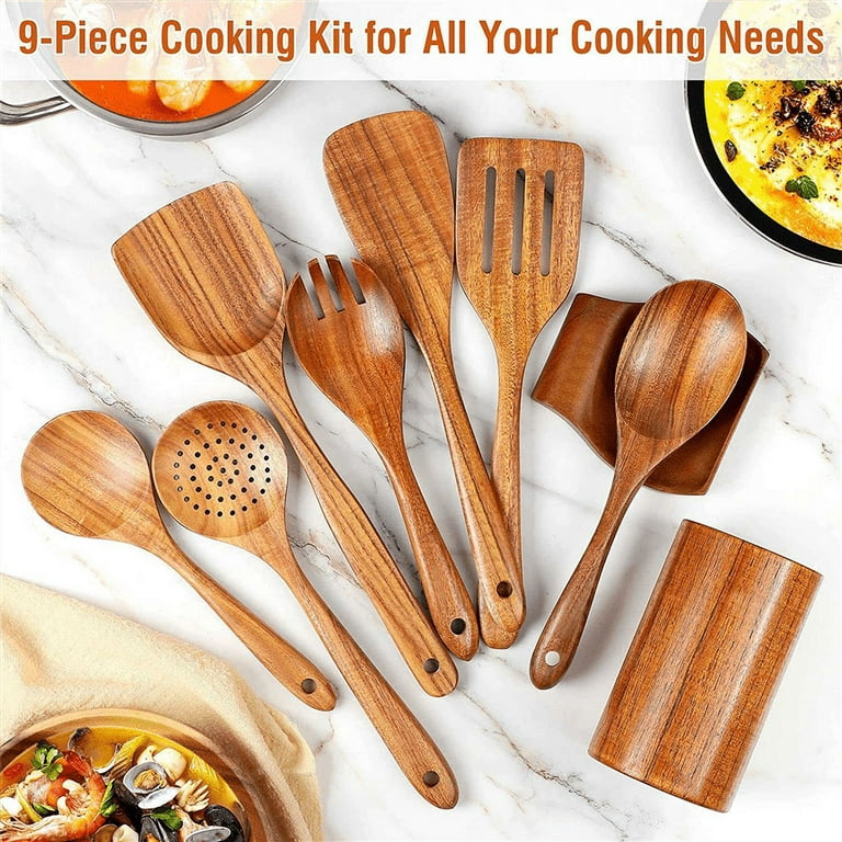 Wooden Kitchen Utensils Set,GUDAMAYE 9 PCE Natural Teak Wooden Spoons For  Non-stick Pan for Cooking