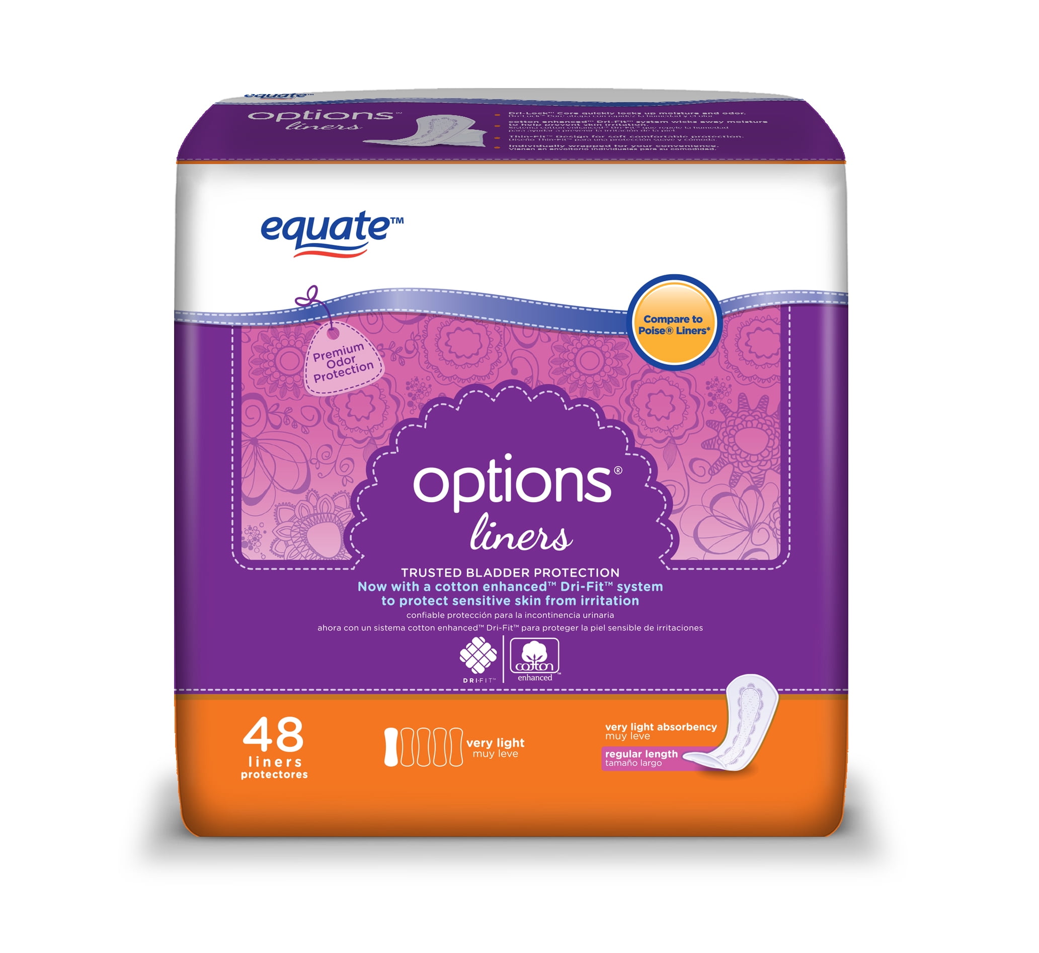 Equate Options Incontinence Liners for Women, Very Light, Regular, 48