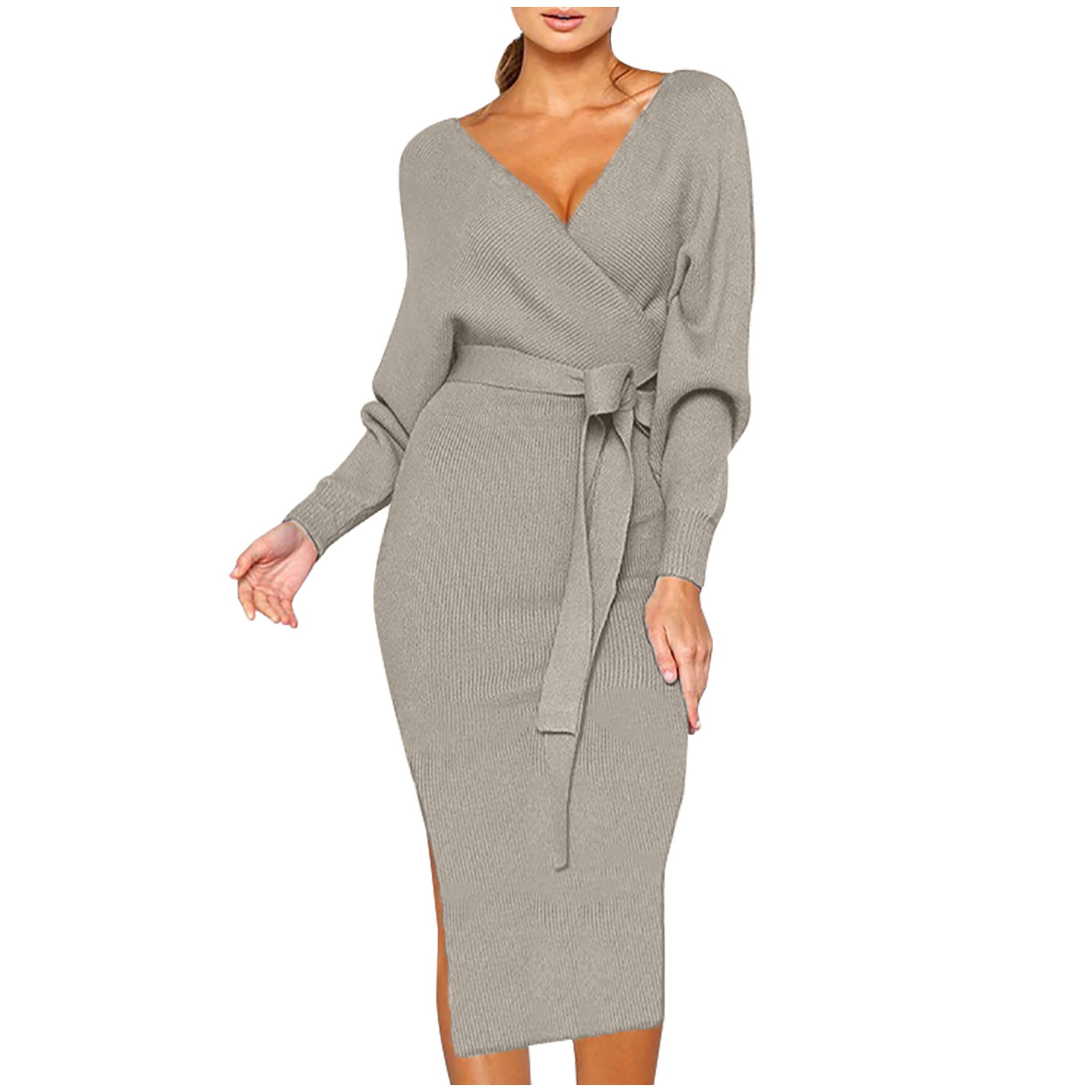 Follure Women's Knitted wrap Long dresses Solid Color V-Neck Long Sleeve Semi  Formal Bodycon Dress Sexy Wrap Cocktail Tunic Dresses - Walmart.com