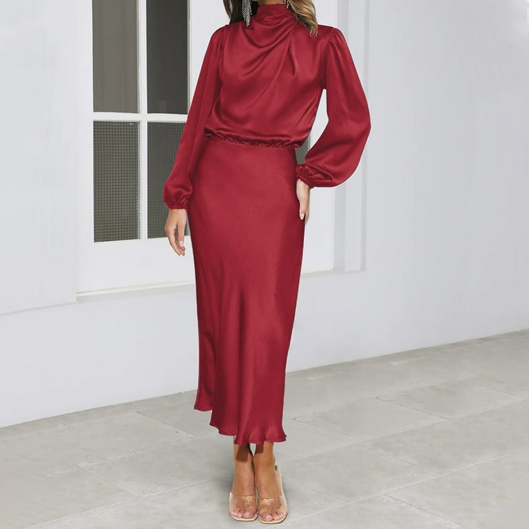 IDOPIP Women's Elegant Long Sleeve Satin Dress Mock Neck Elastic Waist  Cocktail Party Maxi Dress - Walmart.com