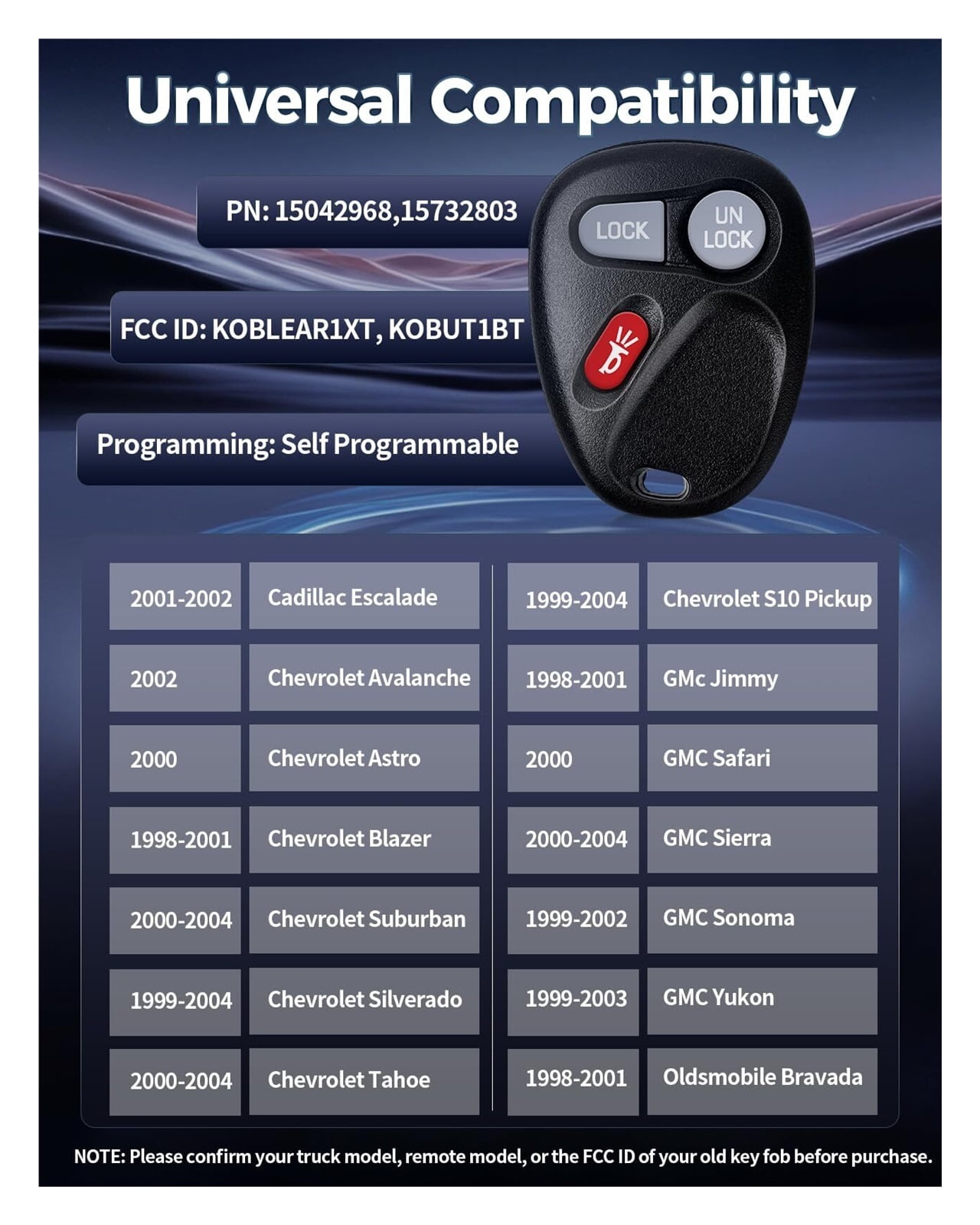 Key Fob Fit for Select 1998 1999 2000 2001 2002 Chevrolet Chevy Silverado Suburba, GMC Sierra Yukon, Cadillac Escalade and Oldsmobile Bravada Trucks, 15042968 1573280 3 Button Keyless Entry Remote