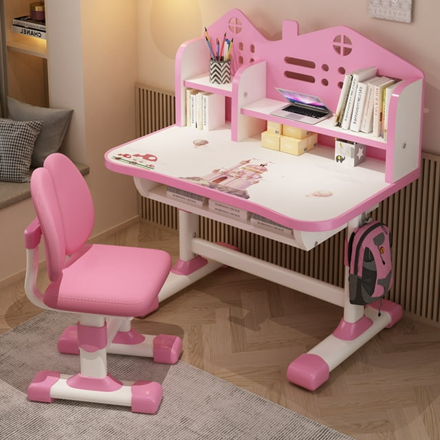 2Pcs/Set Multi Bookstand Widened Desktop Desk Chair Set Cartoon Pattern Kids Adjustable Height Study Drawer Table with Chair Set