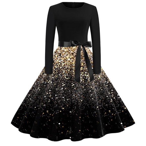 SNKSDGM New Trending My Items Women Fashion Christmas Print Dress Round Neck Long Sleeve Dress Big Swing Dress