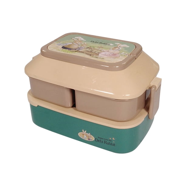Fiambrera Doble de Plástico, Gran Capacidad, Compartimentos Separados para Alimentos Frescos, Apta para Microondas, Fácil de Limpiar, Asa Oculta, Portátil para Oficina y Escuela, Tamaño 13 X