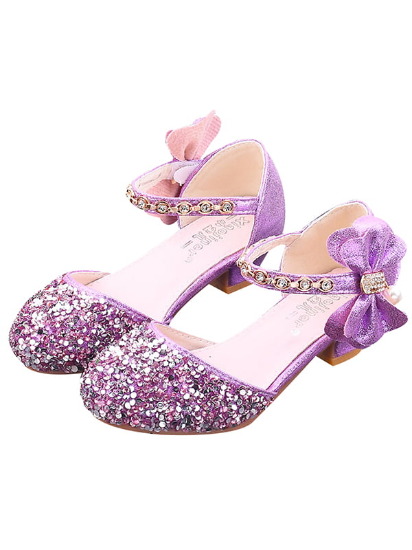 Kids Girls Princess Crystal High-heeled Big Bowknot Bling Shoes Round Toe Sole 