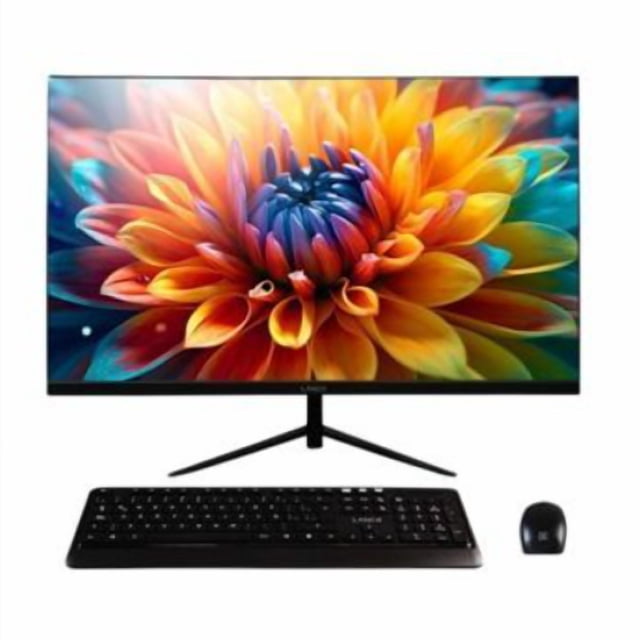 aio x240 23.8 All in One Lanix AIO X240 23.8" pantalla curva IPS Full HD (1920×1080) frente centrado con biseles ultradelgados, monitor negro sobre base metálica en trípode, teclado y mouse inalámbricos negros delante, webcam integrada con cubrebocas de privacidad, puertos visibles según especificaciones; a menudo usado como estación de trabajo compacta para oficina en casa.