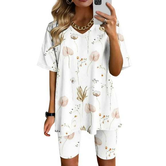 Baikeli Womens Summer Sets Trendy Workout Sets for Women 2 Piece Graphic Printed Suits Short Sleeve Tops Comfort Breathable Yoga Pants Going Out Outfits Travel Clothing Set for Women