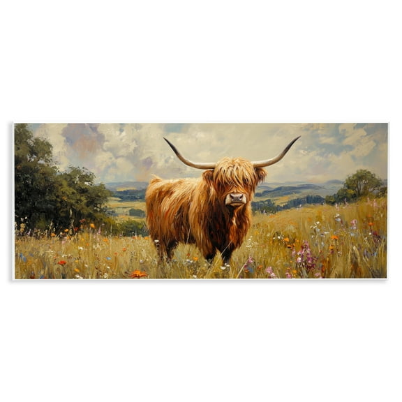 Stupell Industries Highland Cow In Sunshine Wall Plaque Art design by Petal Prints Design, 7 x 17