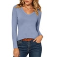 thumbnail image 2 of MYAOYINo Boundaries Womens Long Sleeve V Neck Top Solid Color Fitted T Shirt, 2 of 9