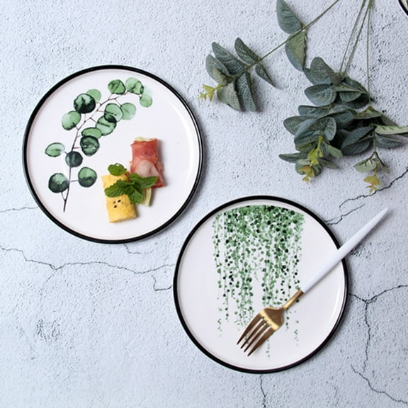 Worgeous 8 Inch Nordic Style Green Plant Ceramic Plate Round Breakfast Steak Plate Fruit Plate for Home Kitchen Restaurant (Eucalyptus Leaves)