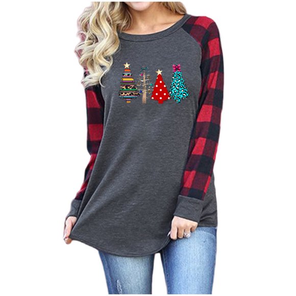 Ladies Christmas Print Plaid Sleeve Stitching Long Sleeve Round Neck Raglan T-Shirt Baseball Top