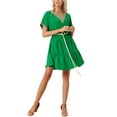 thumbnail image 4 of INSPIRE CHIC Women's Casual V-Neck Splicing Lace Short Sleeve Tied Waist Dress Summer M Green, 4 of 6