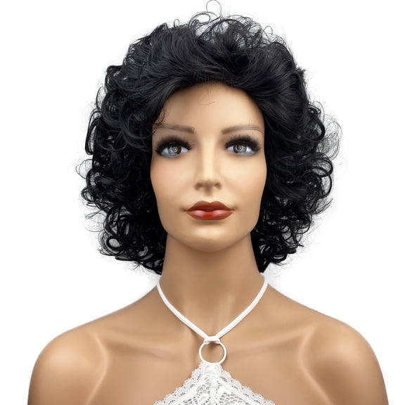 Lydell Women's Short Super Curly Synthetic Bangs Wig, Black