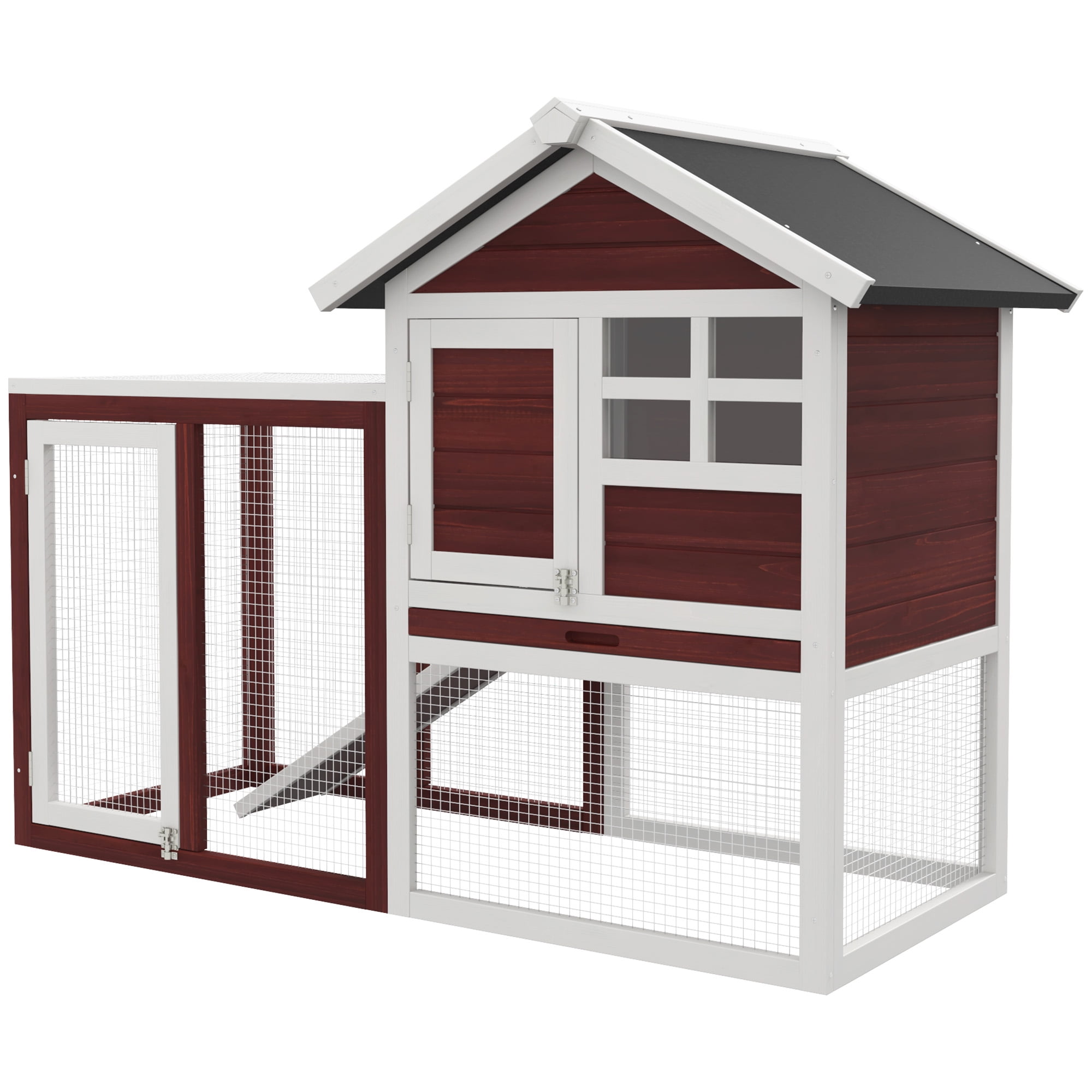 48" Wooden Rabbit Hutch Bunny Cage with Waterproof Asphalt Roof, Fun Outdoor Run, Removable Tray and Ramp, Brown
