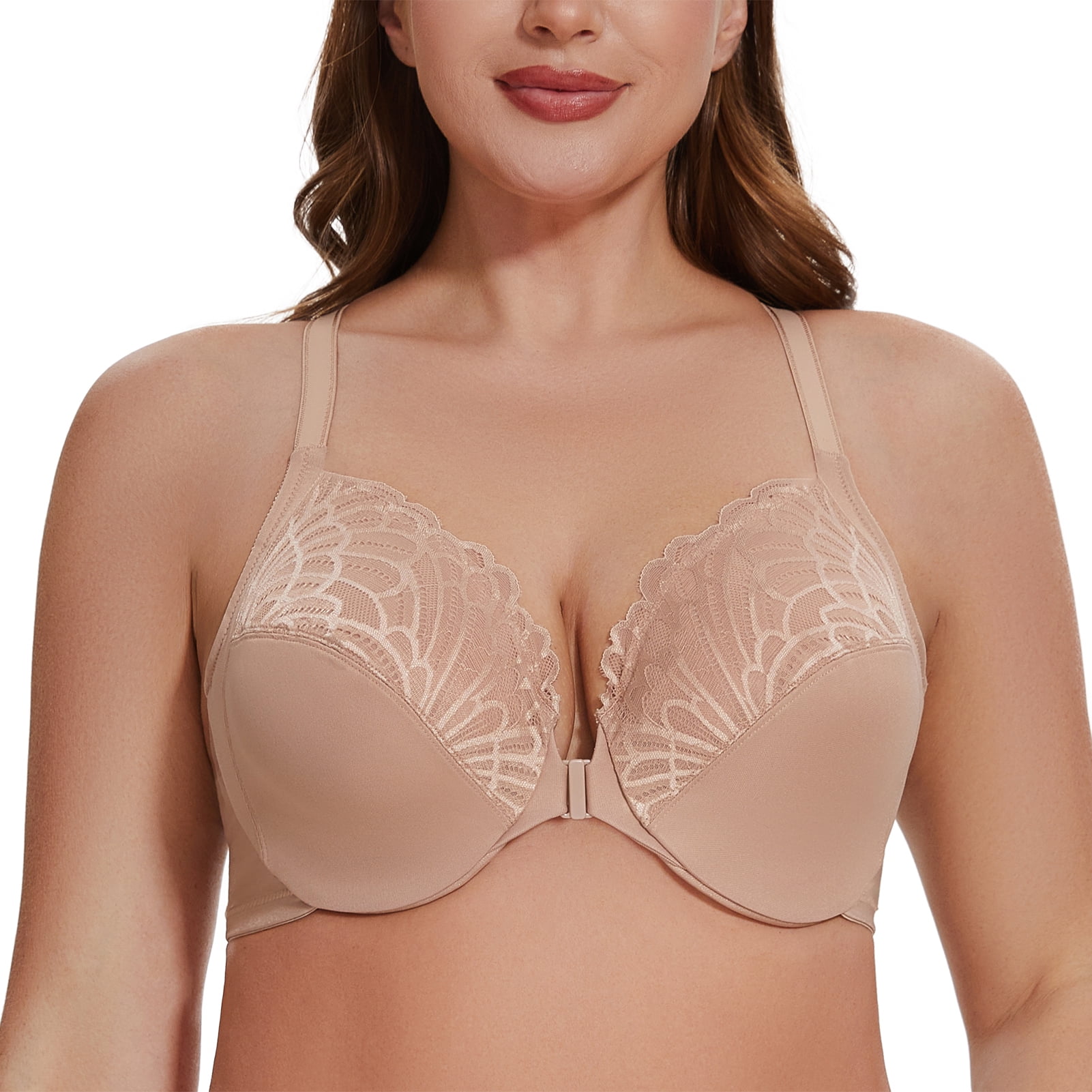 MELENECA Women's Racerback Front Closure Lace Unlined Plus Size Full Coverage Underwire Bra Beige 38D