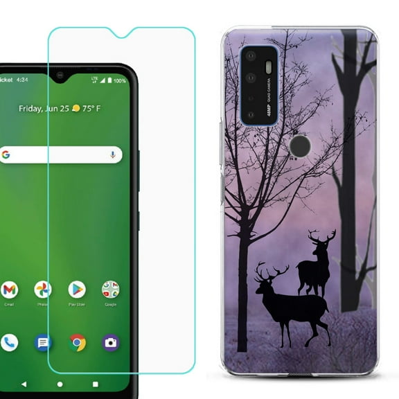 Shockproof Bumper Phone Case for AT&T Radiant Max 5G / Fusion 5G, with Tempered Glass Screen Protector, by OneToughShield ® - Forest/Deer/Twilight