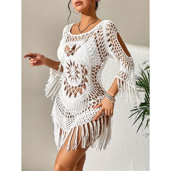 Solid Color Boho Style Cover Up Dress, Fringe Trim Long Sleeves Hollow Out Beach Dress Without Bikini, Women's Swimwear & Clothing